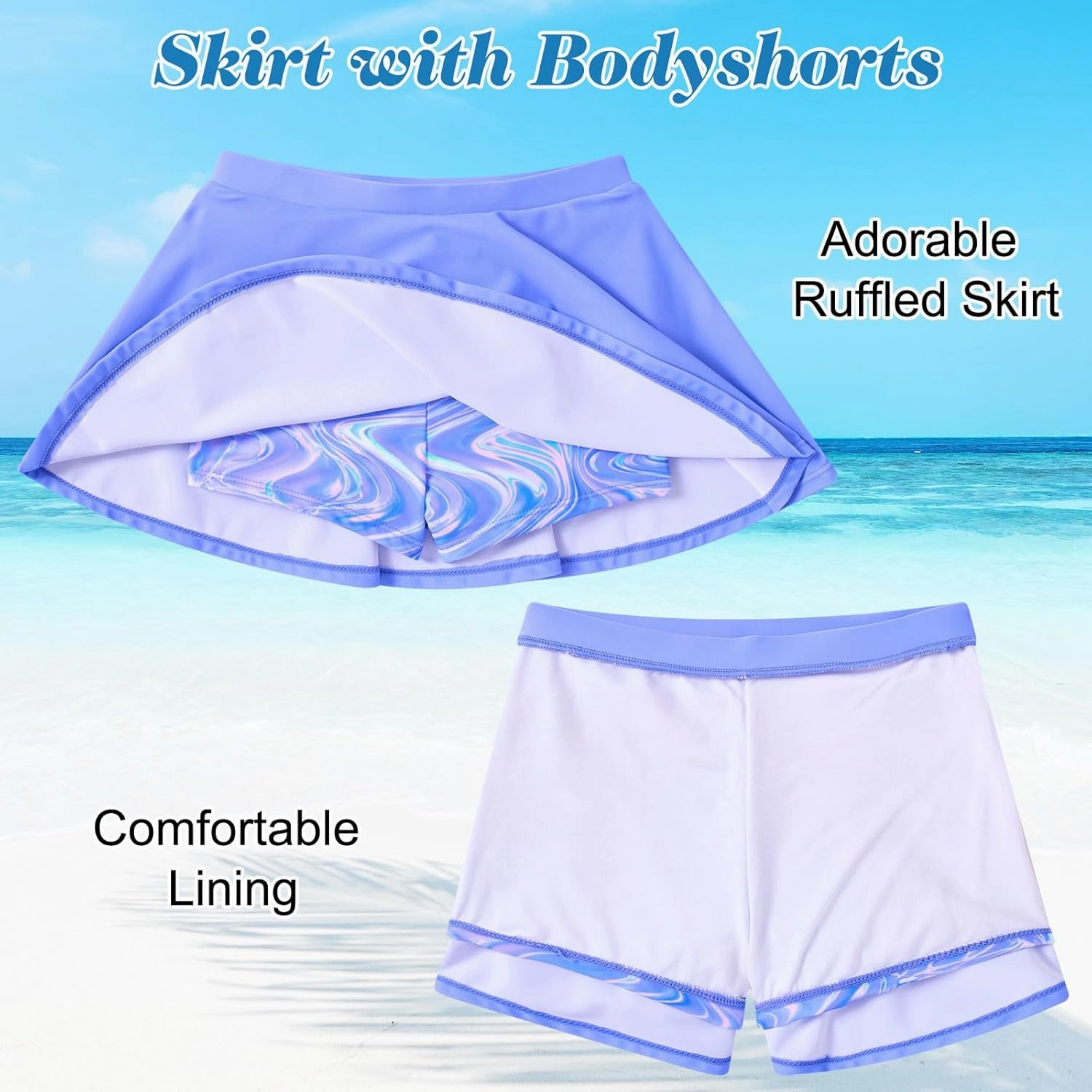 Funnycokid Girls Rash Guard Bathing Suit Long Sleeve Swimsuit 2 Pieces Swimming Skirt with Shorts Swimwear 3-12Y