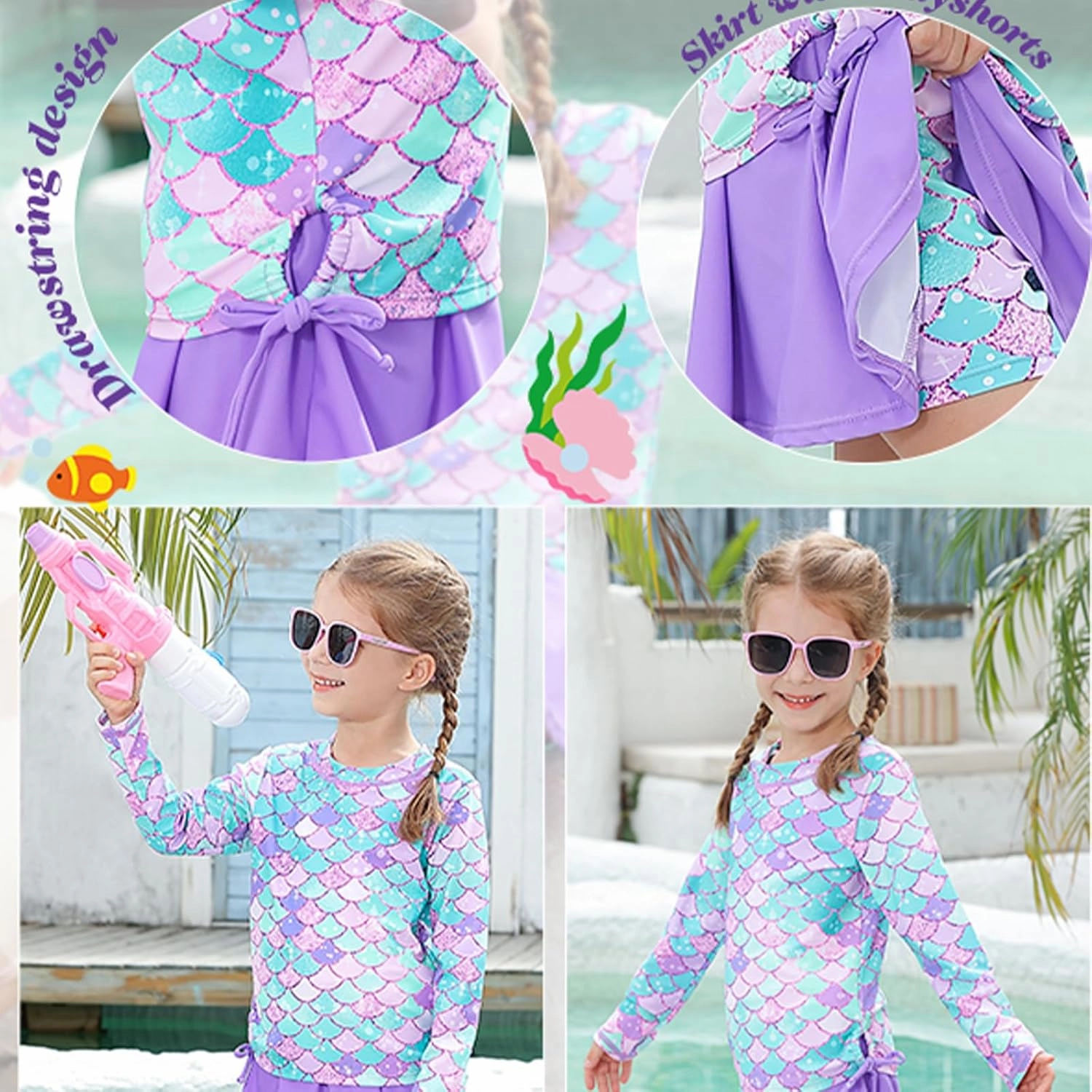 Funnycokid Girls Rash Guard Bathing Suit Long Sleeve Swimsuit 2 Pieces Swimming Skirt with Shorts Swimwear 3-12Y