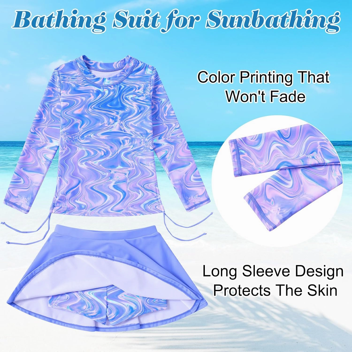 Funnycokid Girls Rash Guard Bathing Suit Long Sleeve Swimsuit 2 Pieces Swimming Skirt with Shorts Swimwear 3-12Y