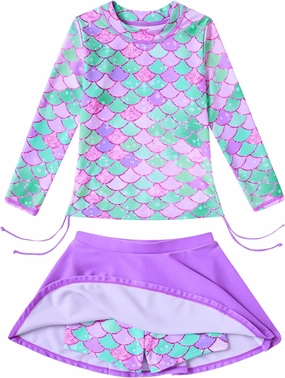 Funnycokid Girls Rash Guard Bathing Suit Long Sleeve Swimsuit 2 Pieces Swimming Skirt with Shorts Swimwear 3-12Y