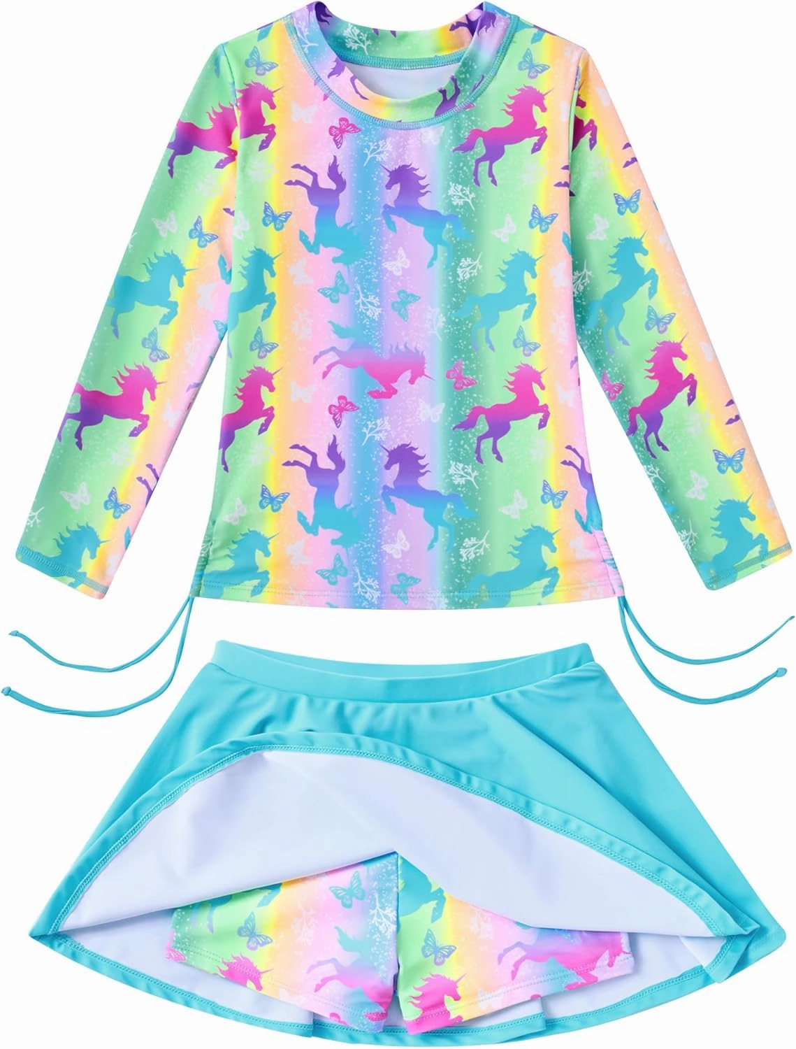 Funnycokid Girls Rash Guard Bathing Suit Long Sleeve Swimsuit 2 Pieces Swimming Skirt with Shorts Swimwear 3-12Y