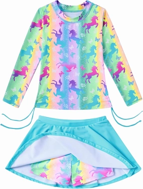 Funnycokid Girls Rash Guard Bathing Suit Long Sleeve Swimsuit 2 Pieces Swimming Skirt with Shorts Swimwear 3-12Y