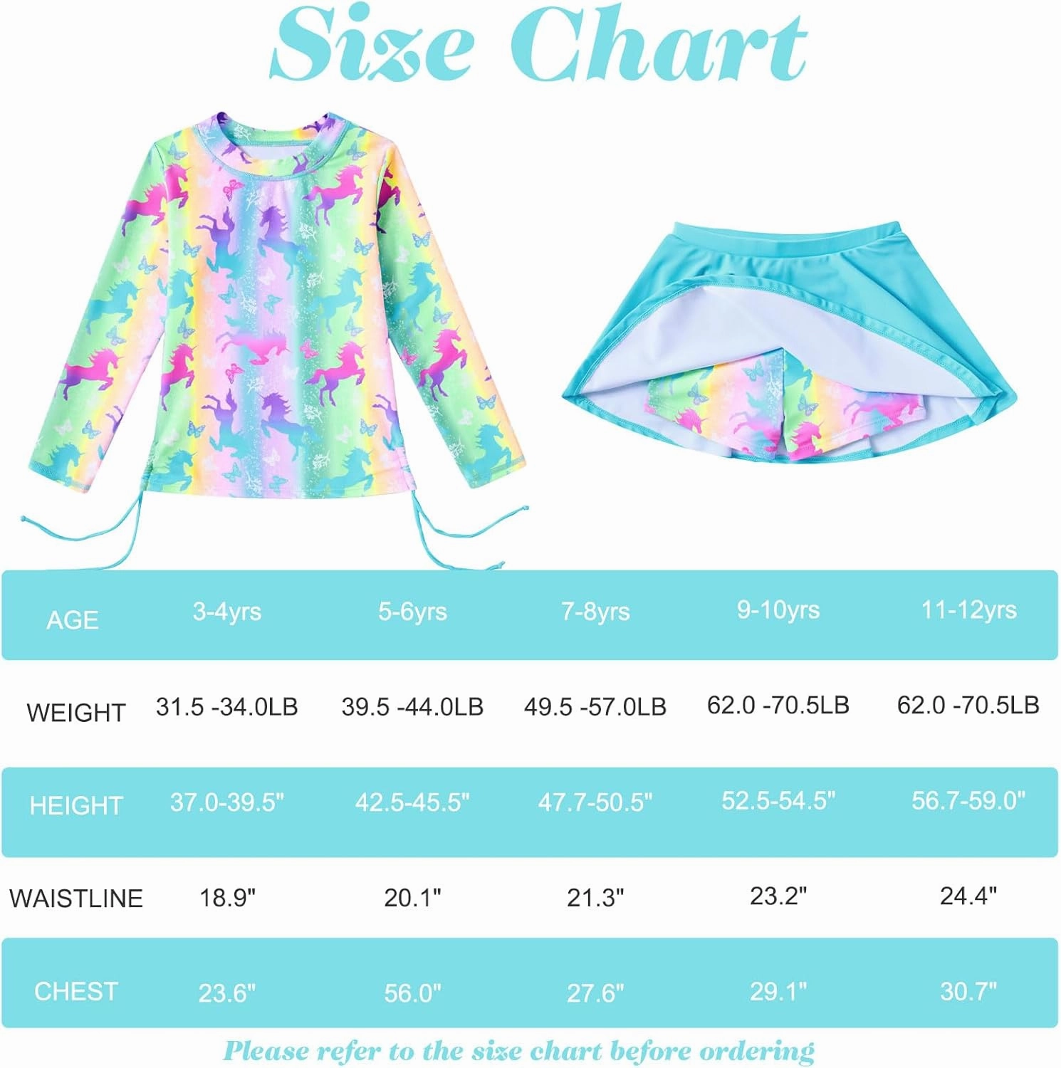 Funnycokid Girls Rash Guard Bathing Suit Long Sleeve Swimsuit 2 Pieces Swimming Skirt with Shorts Swimwear 3-12Y