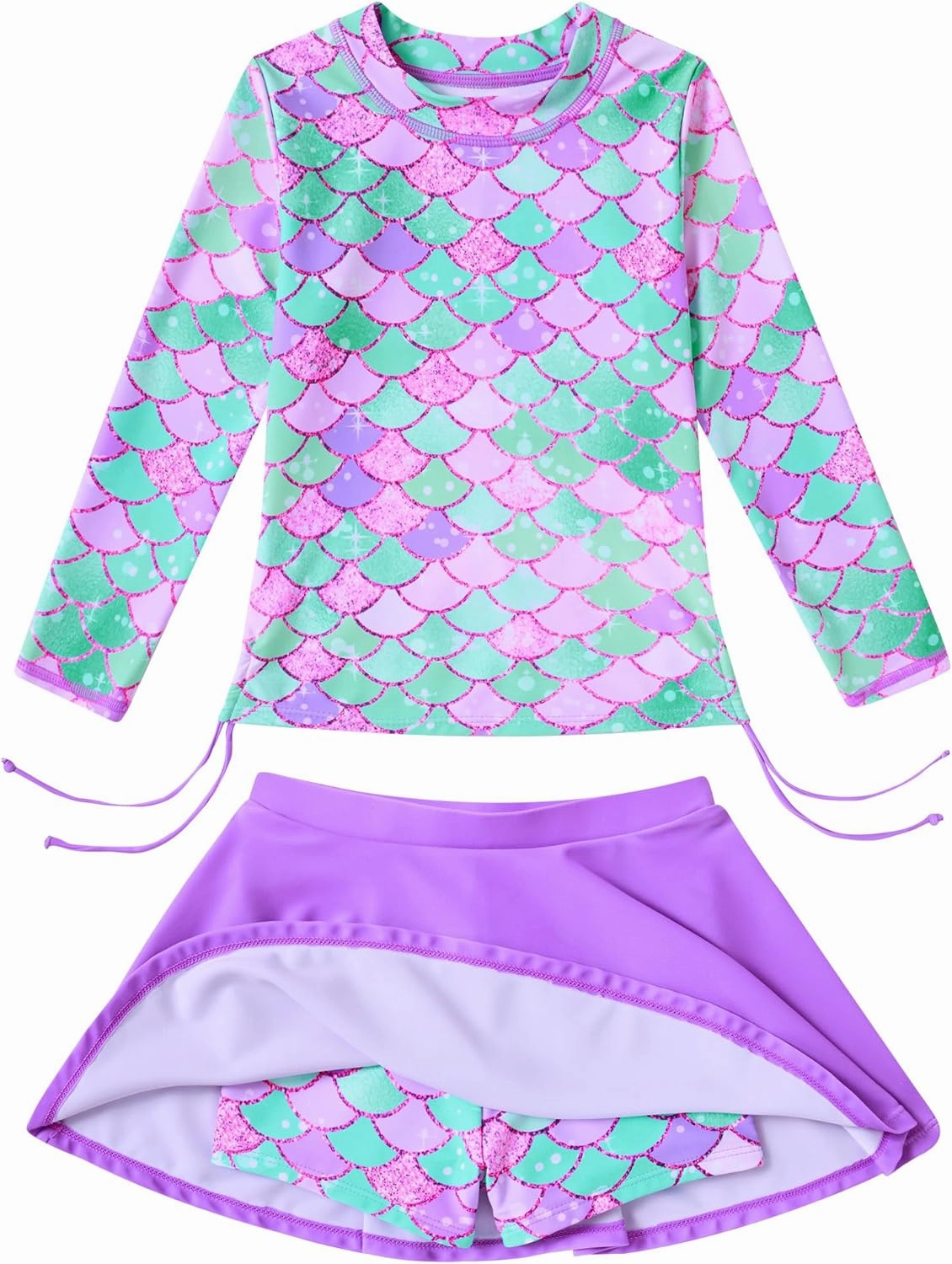 Funnycokid Girls Rash Guard Bathing Suit Long Sleeve Swimsuit 2 Pieces Swimming Skirt with Shorts Swimwear 3-12Y