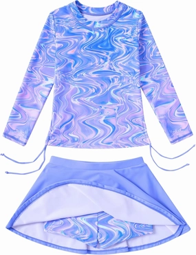 Funnycokid Girls Rash Guard Bathing Suit Long Sleeve Swimsuit 2 Pieces Swimming Skirt with Shorts Swimwear 3-12Y