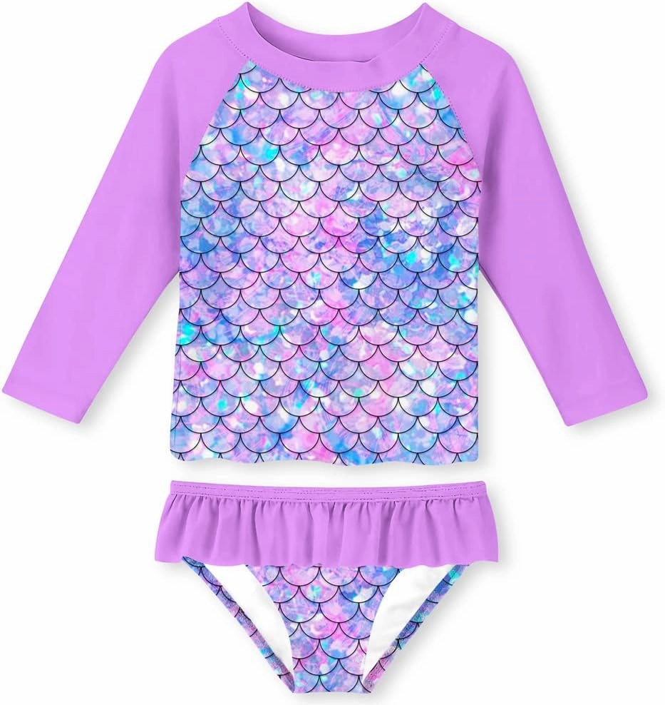 Funnycokid Girls Rash Guard Swimsuit Set Long Sleeve Bathing Suit Two Piece 2-10 Years