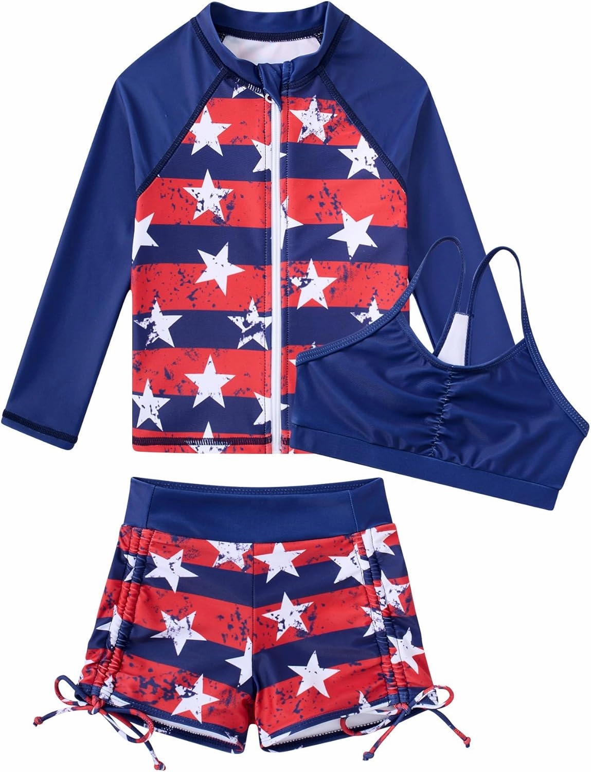 Funnycokid Girls Swimsuit 3 Pieces Zip Rash Guard Set Bikini Bathing Suits Boyshort Summer Kids Swimwear 3-12 Years