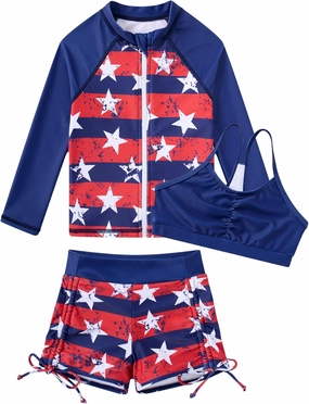 Funnycokid Girls Swimsuit 3 Pieces Zip Rash Guard Set Bikini Bathing Suits Boyshort Summer Kids Swimwear 3-12 Years