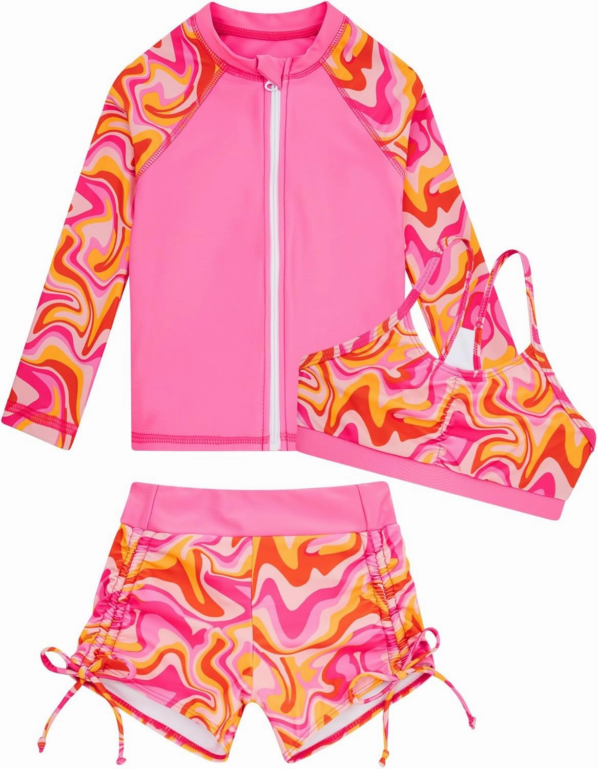 Funnycokid Girls Swimsuit 3 Pieces Zip Rash Guard Set Bikini Bathing Suits Boyshort Summer Kids Swimwear 3-12 Years