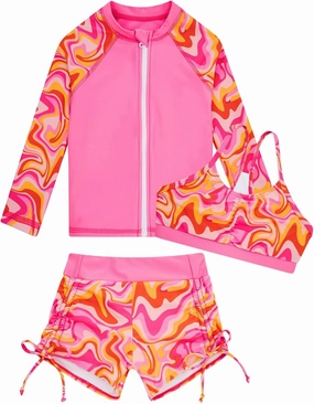 Funnycokid Girls Swimsuit 3 Pieces Zip Rash Guard Set Bikini Bathing Suits Boyshort Summer Kids Swimwear 3-12 Years