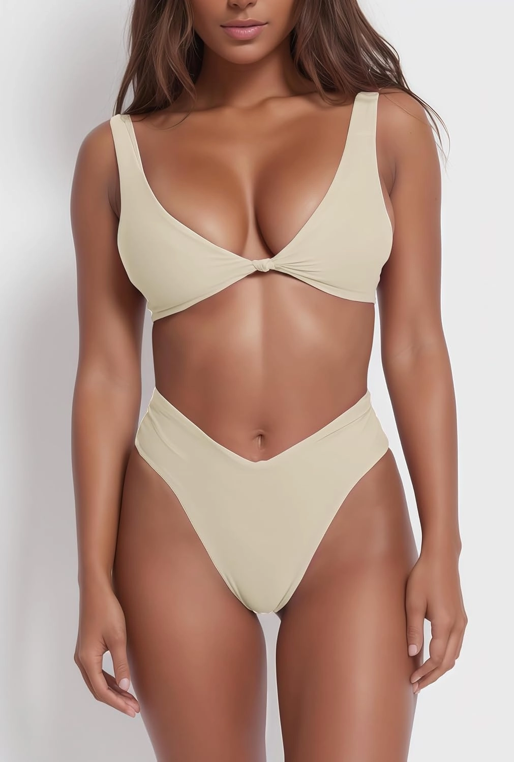 geluboao Bikini Set for Women Solid V Neck Knot Front Push Up High Leg Thong Two Piece Swimsuit
