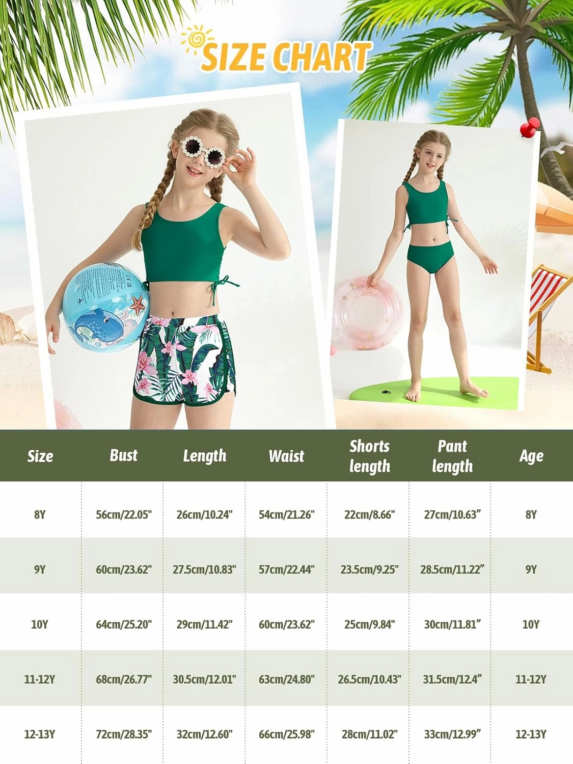 Girl's 3 Piece Bikini Bathing Suit Printed Sport Swimsuits with Shorts Cove Up Sets Teen Girl's Swimwear