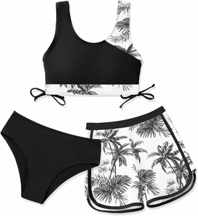 Girl's 3 Piece Bikini Bathing Suit Printed Sport Swimsuits with Shorts Cove Up Sets Teen Girl's Swimwear