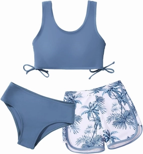 Girl's 3 Piece Bikini Bathing Suit Printed Sport Swimsuits with Shorts Cove Up Sets Teen Girl's Swimwear
