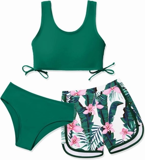 Girl's 3 Piece Bikini Bathing Suit Printed Sport Swimsuits with Shorts Cove Up Sets Teen Girl's Swimwear