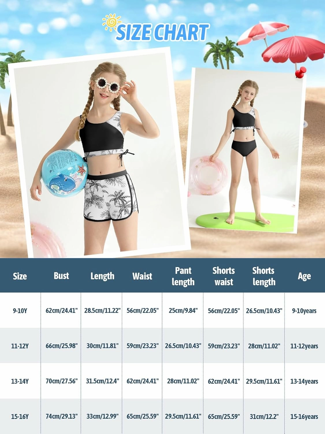 Girl's 3 Piece Bikini Bathing Suit Printed Sport Swimsuits with Shorts Cove Up Sets Teen Girl's Swimwear