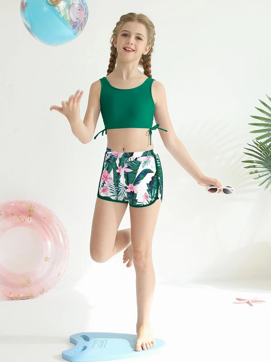 Girl's 3 Piece Bikini Bathing Suit Printed Sport Swimsuits with Shorts Cove Up Sets Teen Girl's Swimwear