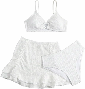 Girl's 3 Piece Bikini Sets High Waisted O Ring Wireless Swimsuits Bathing Suit with Cover Up Skirts