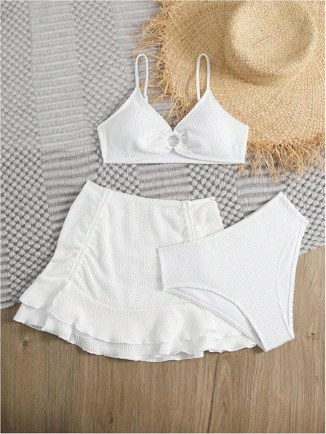 Girl's 3 Piece Bikini Sets High Waisted O Ring Wireless Swimsuits Bathing Suit with Cover Up Skirts