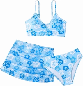 Girl's 3 Piece Floral Swimsuit Cute V Neck Bikini Set High Waisted Bathing Suit Sheer Mesh Cover Up Skirt