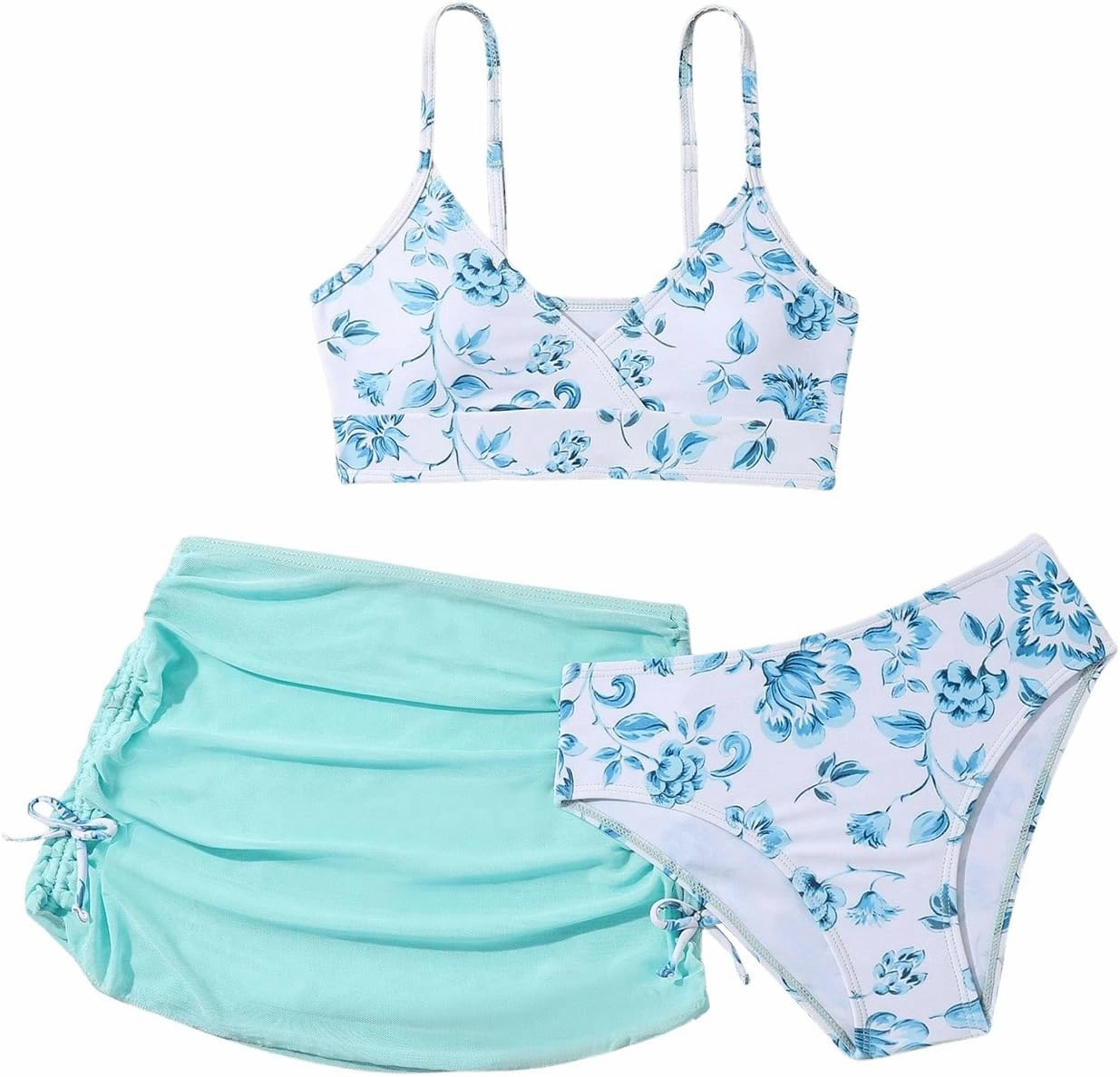 Girl's 3 Piece Floral Swimsuit Cute V Neck Bikini Set High Waisted Bathing Suit Sheer Mesh Cover Up Skirt