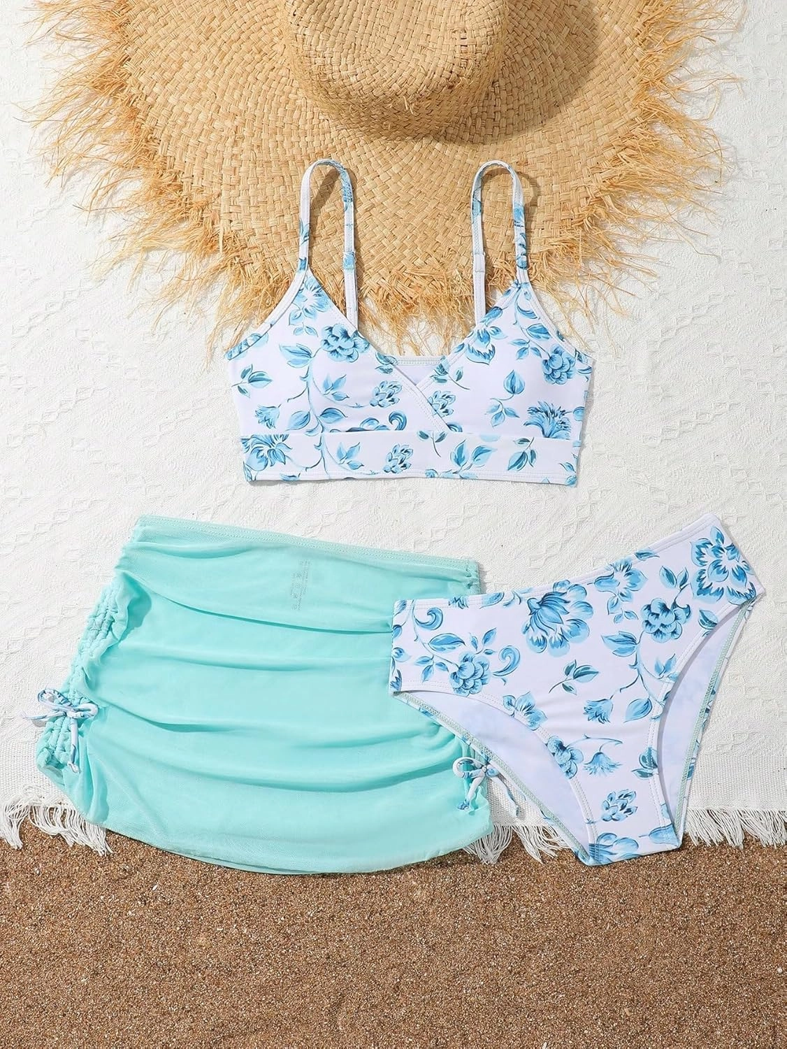 Girl's 3 Piece Floral Swimsuit Cute V Neck Bikini Set High Waisted Bathing Suit Sheer Mesh Cover Up Skirt
