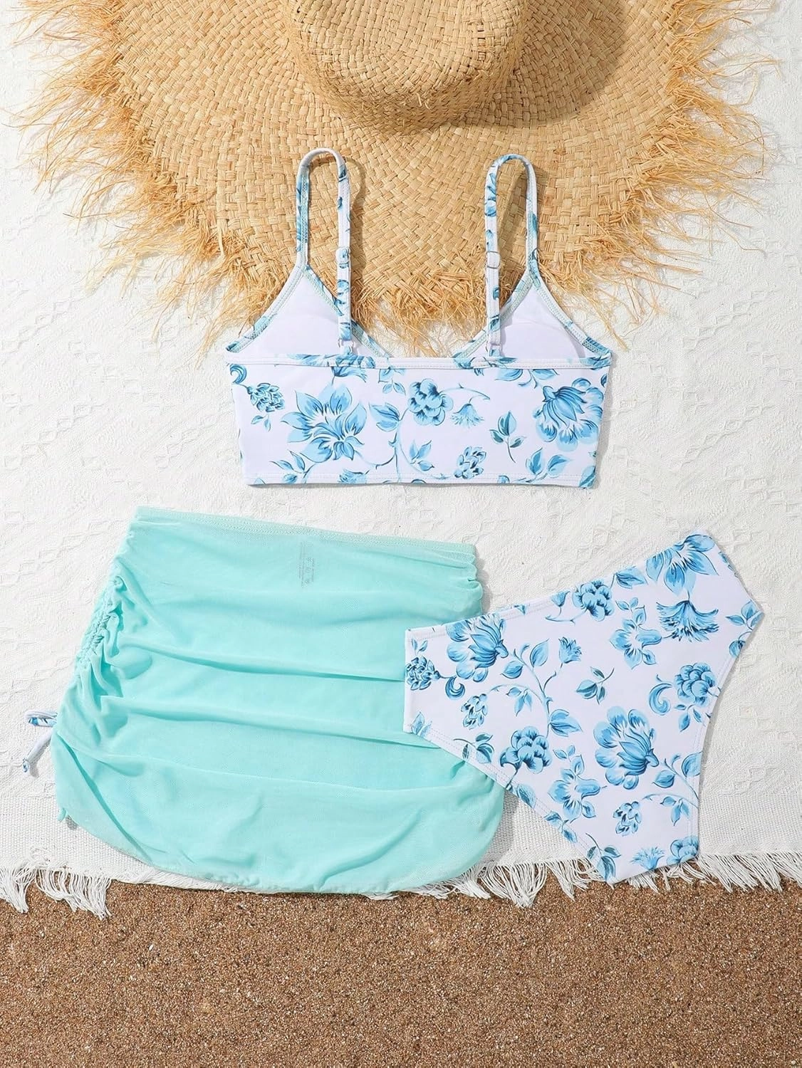 Girl's 3 Piece Floral Swimsuit Cute V Neck Bikini Set High Waisted Bathing Suit Sheer Mesh Cover Up Skirt