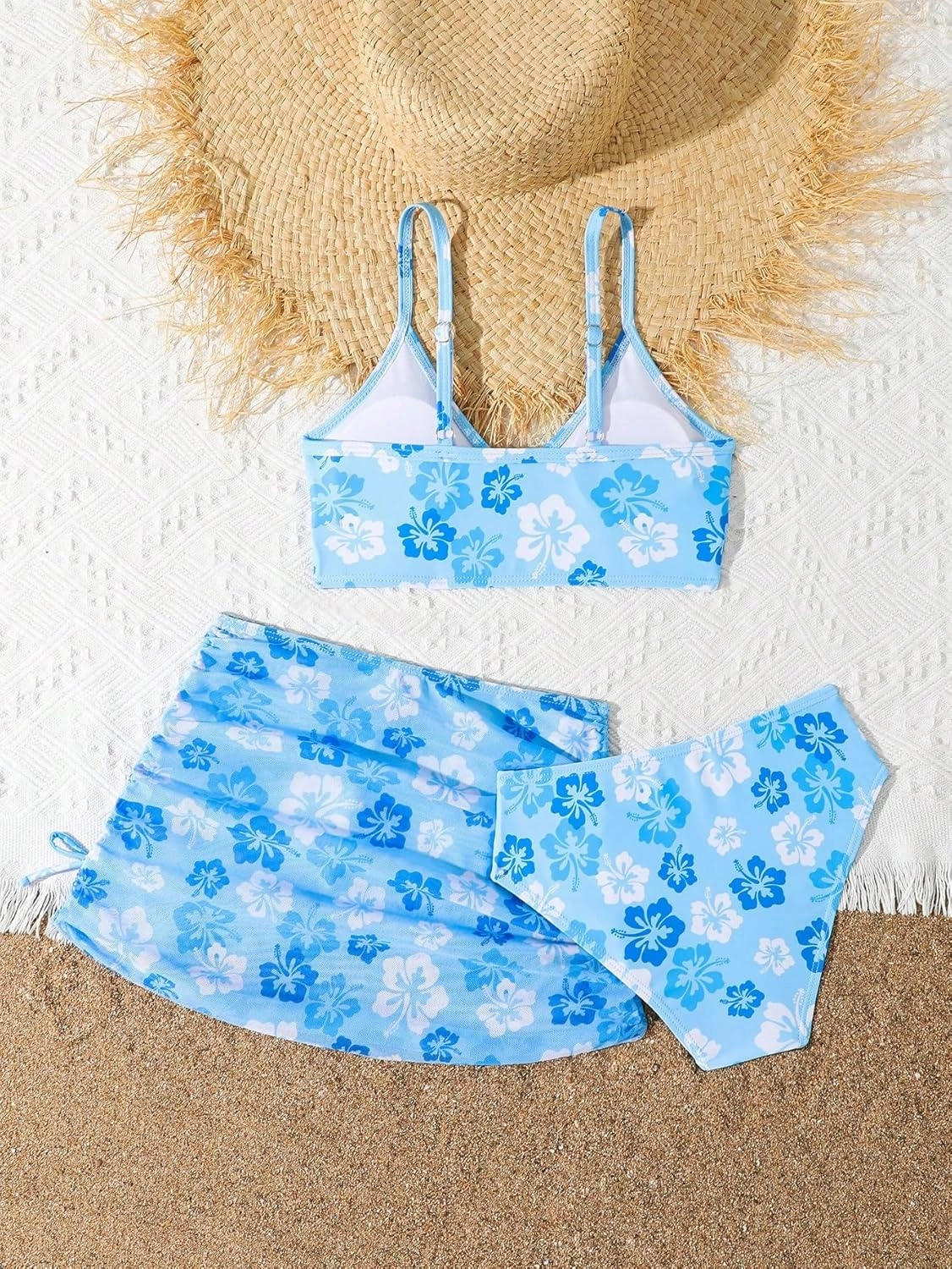 Girl's 3 Piece Floral Swimsuit Cute V Neck Bikini Set High Waisted Bathing Suit Sheer Mesh Cover Up Skirt