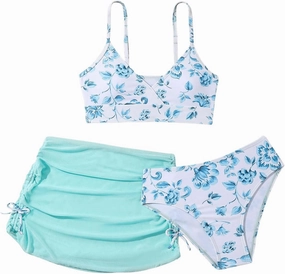 Girl's 3 Piece Floral Swimsuit Cute V Neck Bikini Set High Waisted Bathing Suit Sheer Mesh Cover Up Skirt