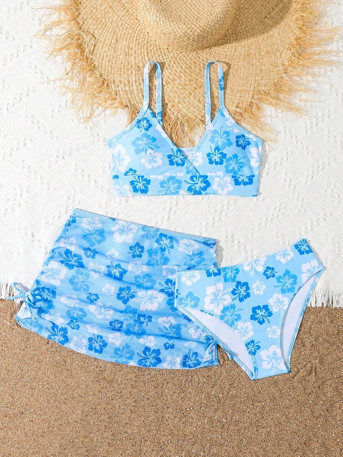Girl's 3 Piece Floral Swimsuit Cute V Neck Bikini Set High Waisted Bathing Suit Sheer Mesh Cover Up Skirt