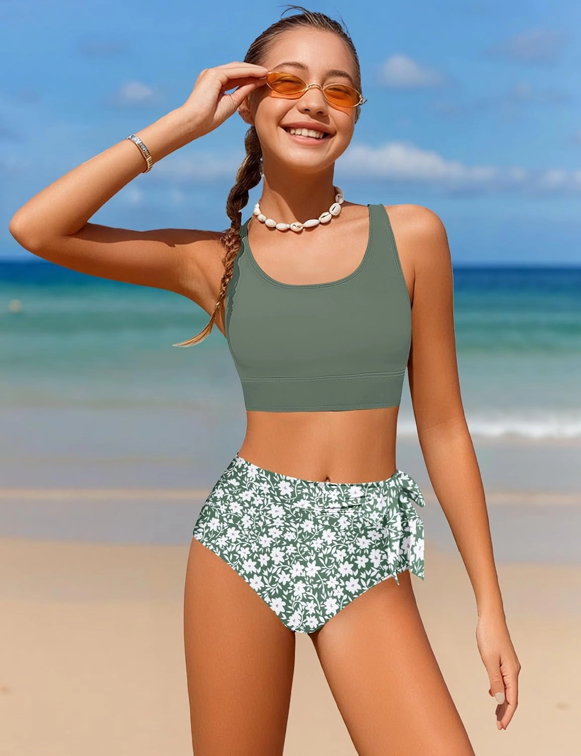 Girl Swimsuit Bikini Set Tropical Print Bathing Suit Two Piece Girls' Swimwear with Tie Side Knot 9-16T