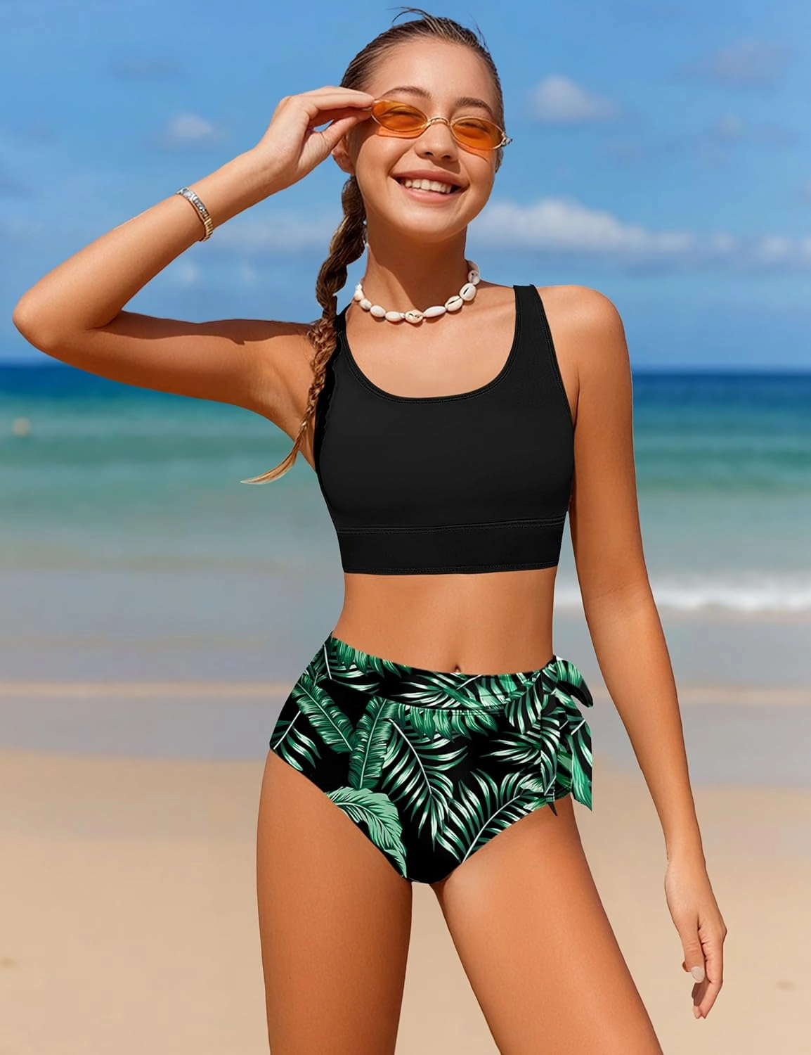 Girl Swimsuit Bikini Set Tropical Print Bathing Suit Two Piece Girls' Swimwear with Tie Side Knot 9-16T