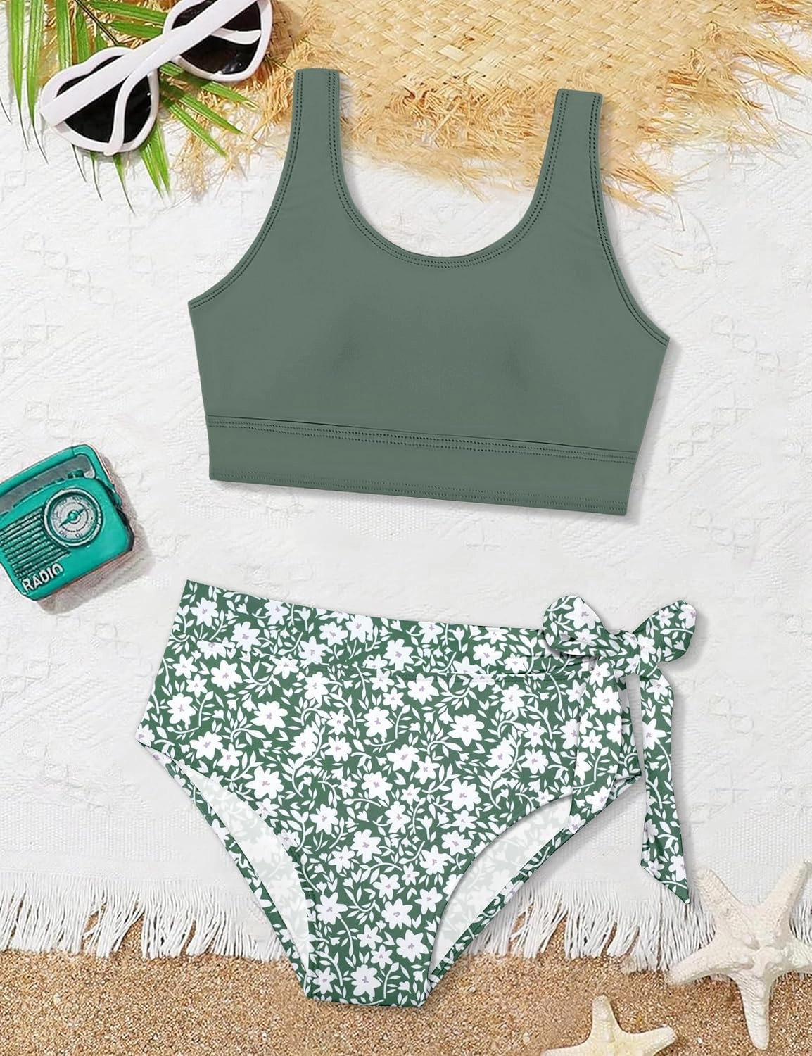 Girl Swimsuit Bikini Set Tropical Print Bathing Suit Two Piece Girls' Swimwear with Tie Side Knot 9-16T