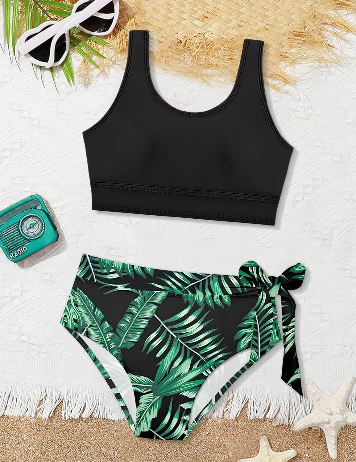Girl Swimsuit Bikini Set Tropical Print Bathing Suit Two Piece Girls' Swimwear with Tie Side Knot 9-16T