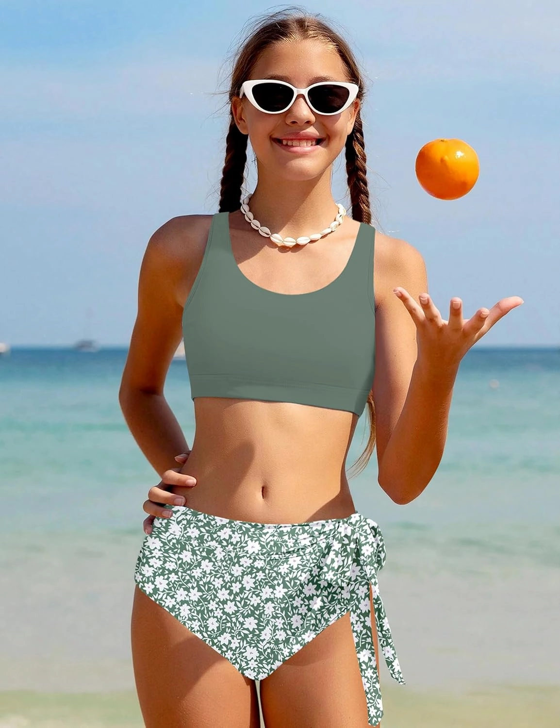 Girl Swimsuit Bikini Set Tropical Print Bathing Suit Two Piece Girls' Swimwear with Tie Side Knot 9-16T