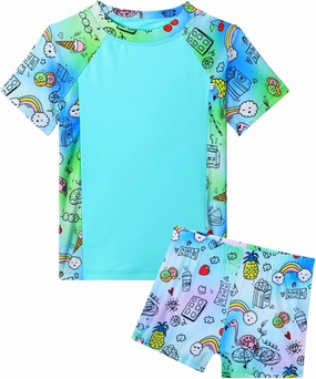 Girl Swimsuits 2 Pieces Multicolor Short Sleeve Quick Dry Durable Rash Guard Set with Shorts