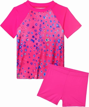 Girl Swimsuits 2 Pieces Multicolor Short Sleeve Quick Dry Durable Rash Guard Set with Shorts