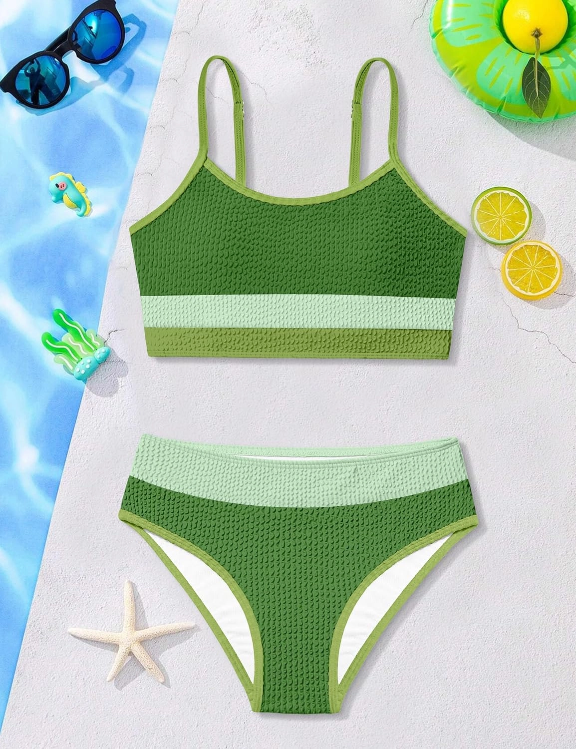 Girls Bathing Suit Color-Block Adjustable Straps Bikini Sets Girls Two Piece Swimsuits with Chest Pad Swimwear 7-18T