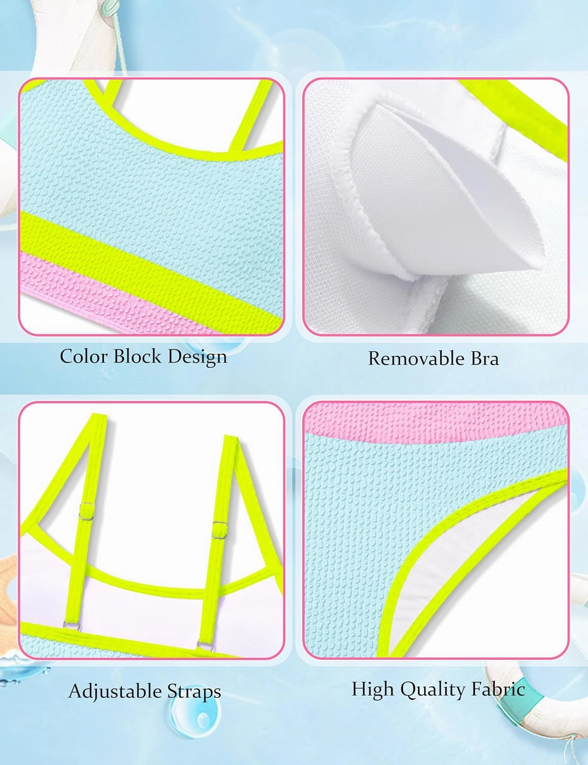 Girls Bathing Suit Color-Block Adjustable Straps Bikini Sets Girls Two Piece Swimsuits with Chest Pad Swimwear 7-18T