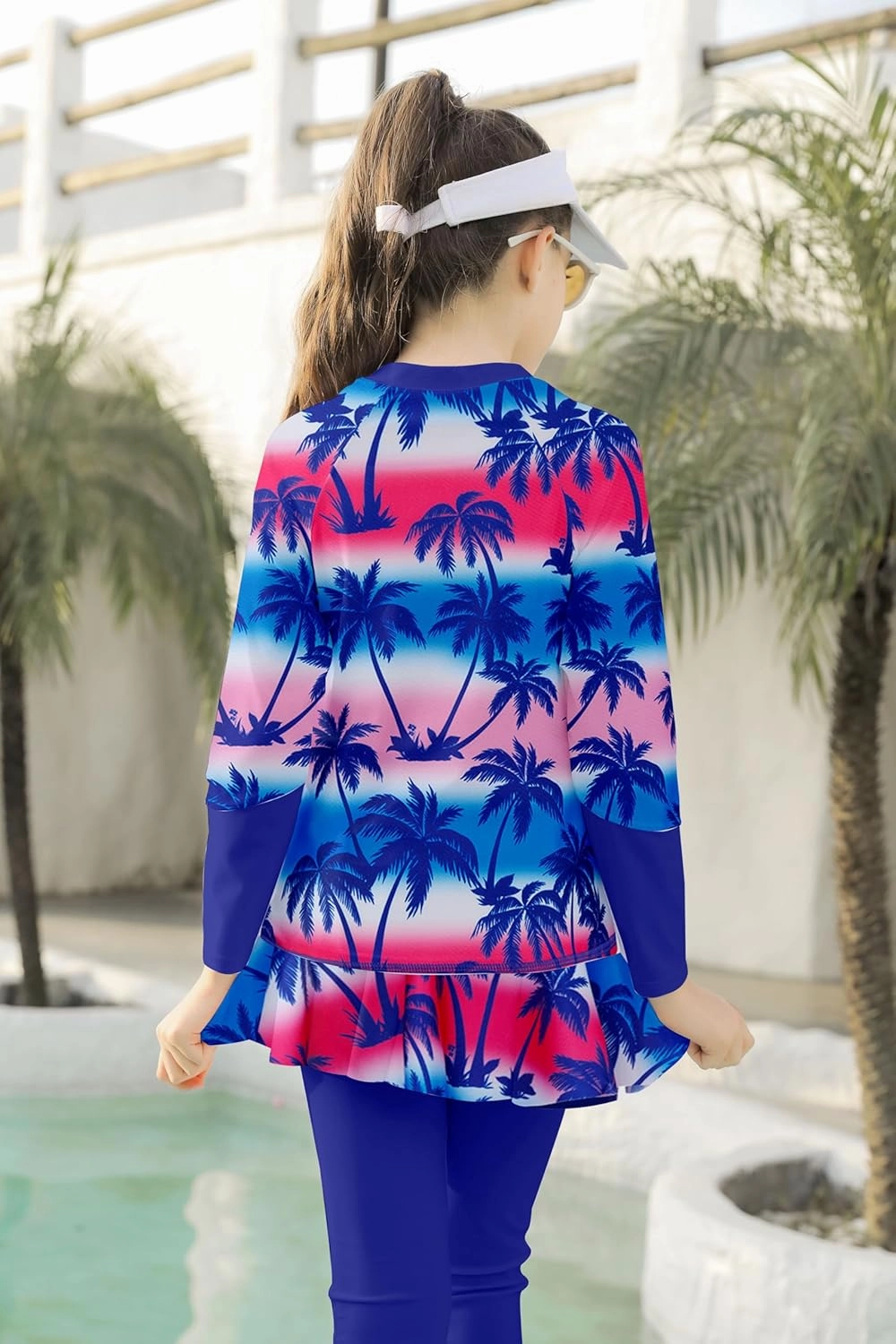 Girls Long Sleeve Rashguard Half Zip Swimsuits UPF 50  Two Piece Swim Sets with Hairband 5-12Y