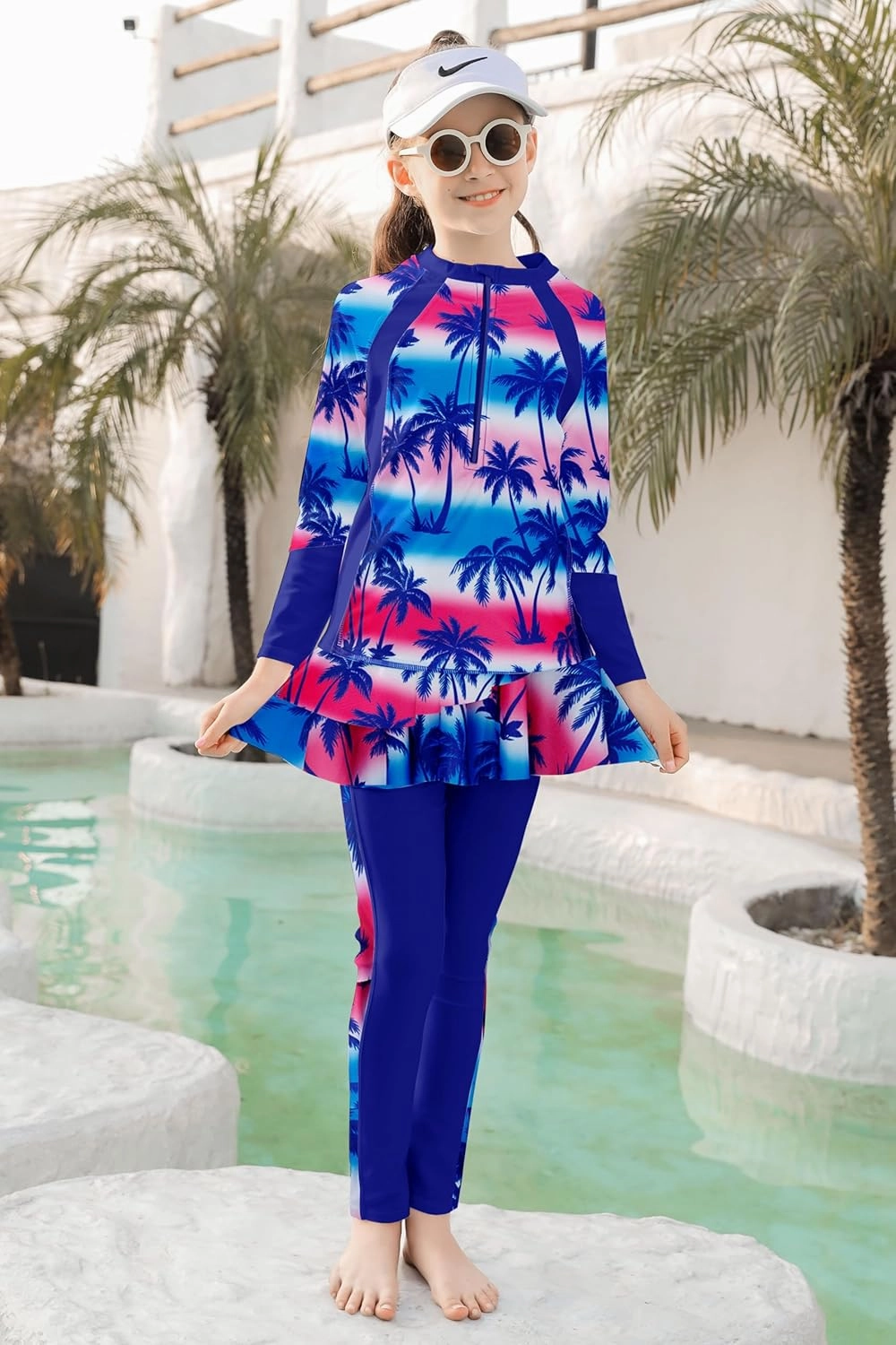 Girls Long Sleeve Rashguard Half Zip Swimsuits UPF 50  Two Piece Swim Sets with Hairband 5-12Y