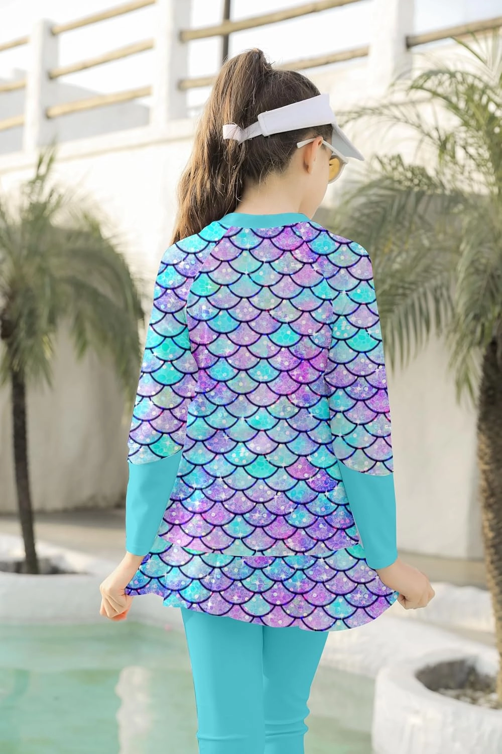 Girls Long Sleeve Rashguard Half Zip Swimsuits UPF 50  Two Piece Swim Sets with Hairband 5-12Y