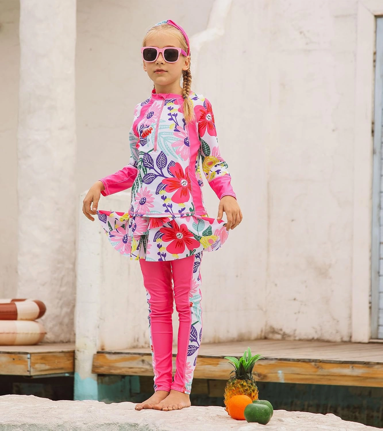 Girls Long Sleeve Rashguard Half Zip Swimsuits UPF 50  Two Piece Swim Sets with Hairband 5-12Y