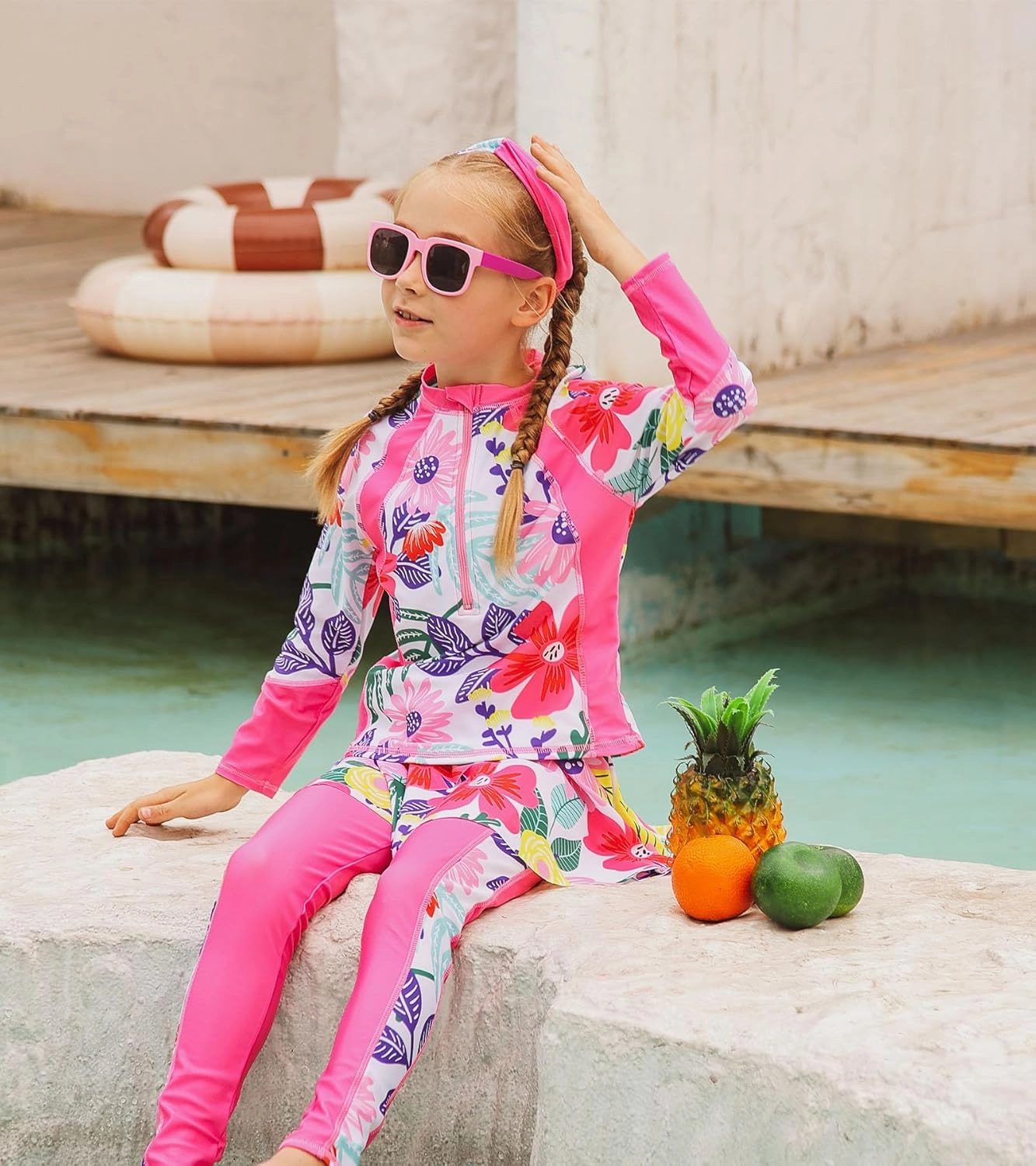 Girls Long Sleeve Rashguard Half Zip Swimsuits UPF 50  Two Piece Swim Sets with Hairband 5-12Y