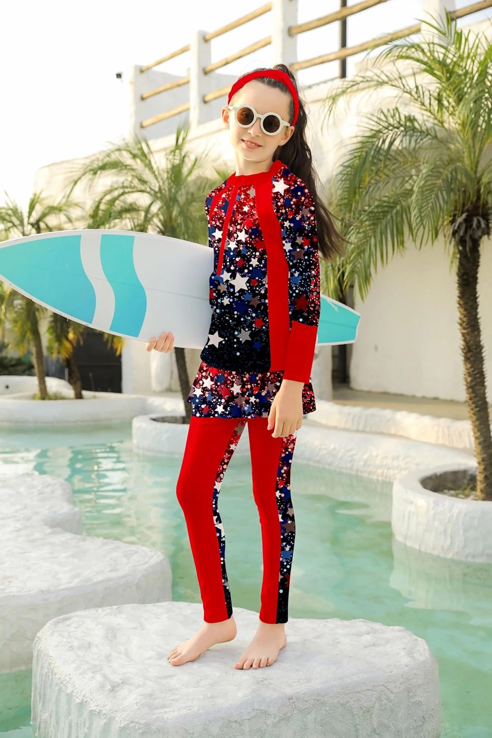 Girls Long Sleeve Rashguard Half Zip Swimsuits UPF 50  Two Piece Swim Sets with Hairband 5-12Y