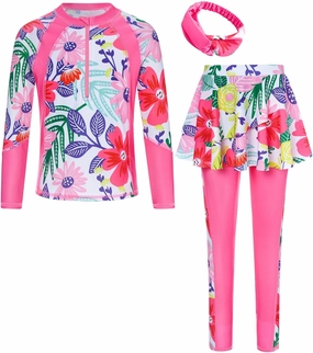 Girls Long Sleeve Rashguard Half Zip Swimsuits UPF 50  Two Piece Swim Sets with Hairband 5-12Y