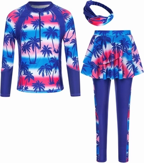 Girls Long Sleeve Rashguard Half Zip Swimsuits UPF 50  Two Piece Swim Sets with Hairband 5-12Y