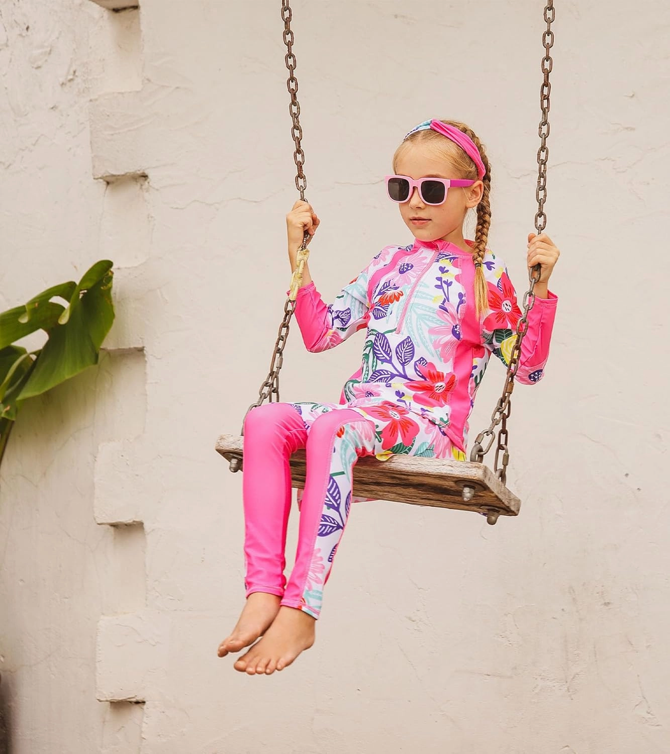 Girls Long Sleeve Rashguard Half Zip Swimsuits UPF 50  Two Piece Swim Sets with Hairband 5-12Y