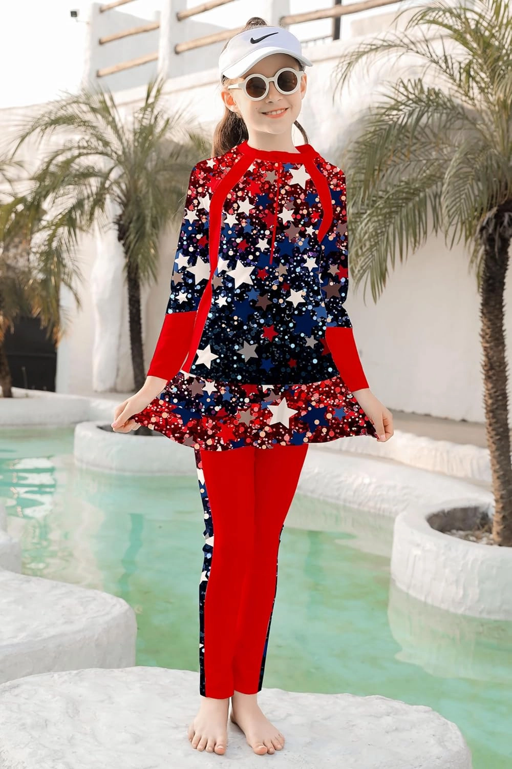 Girls Long Sleeve Rashguard Half Zip Swimsuits UPF 50  Two Piece Swim Sets with Hairband 5-12Y