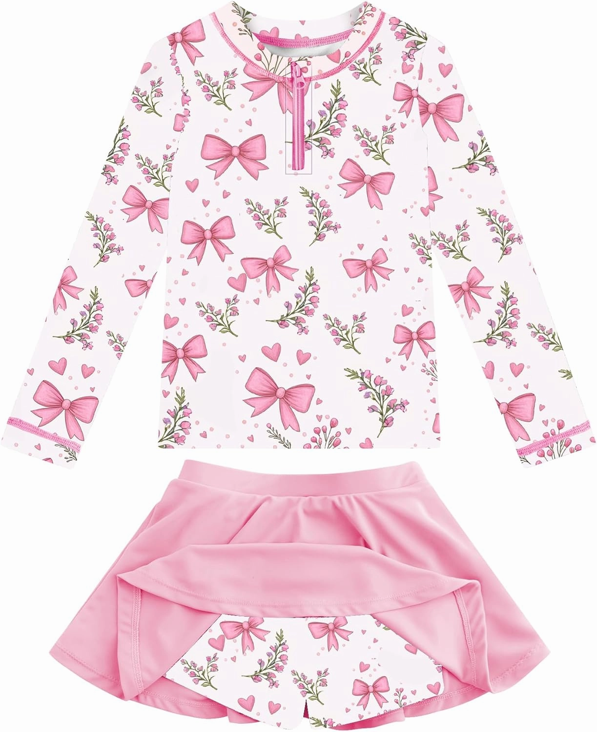 Girls Rash Guard Set Two Pieces Printed Zipper Swimsuit Skirt with Shorts 3-12T